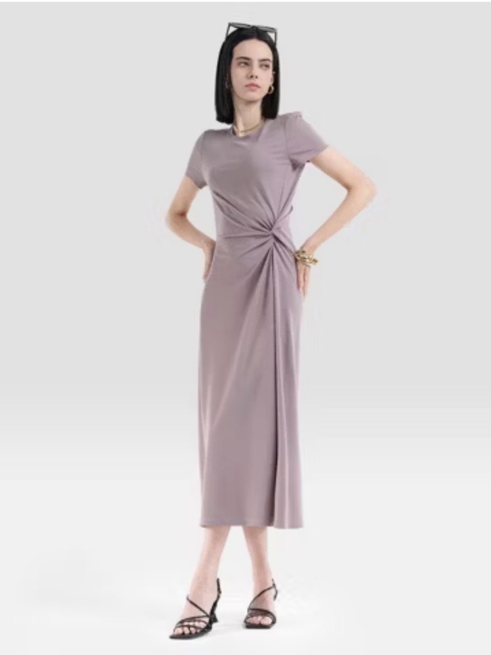 A New Day Women's Short Sleeve Soft Knit Ruched Waist Midi T-Shirt Dress Taupe S